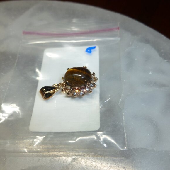 18K Gold Electroplate Tiger's Eye Swarovski Crystals Pendant - Picture 14 of 16